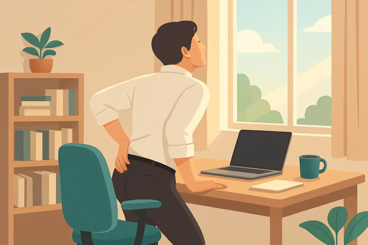 Office worker standing up from a desk chair and stretching the lower back